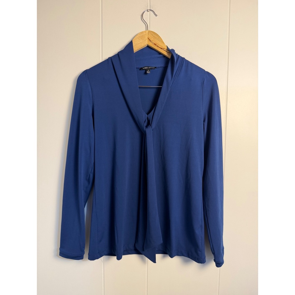 Robert Kitchen Blouse M Blue Tie Neck Long Sleeve Puff Shoulder